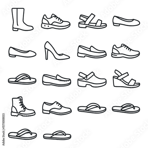 Shoe icon collection, footwear design symbols. sandal and boot graphic set