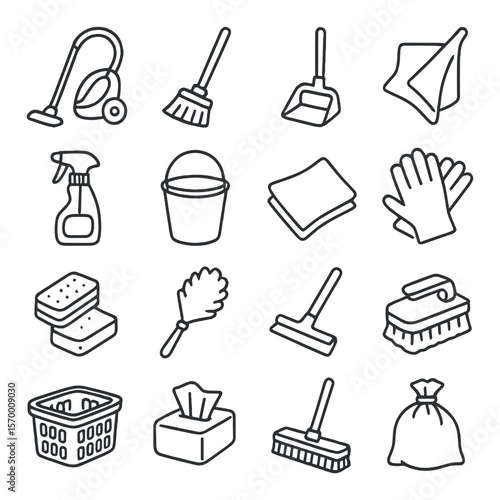 Cleaning tools collection, housekeeping icons set. janitorial and hygiene symbols