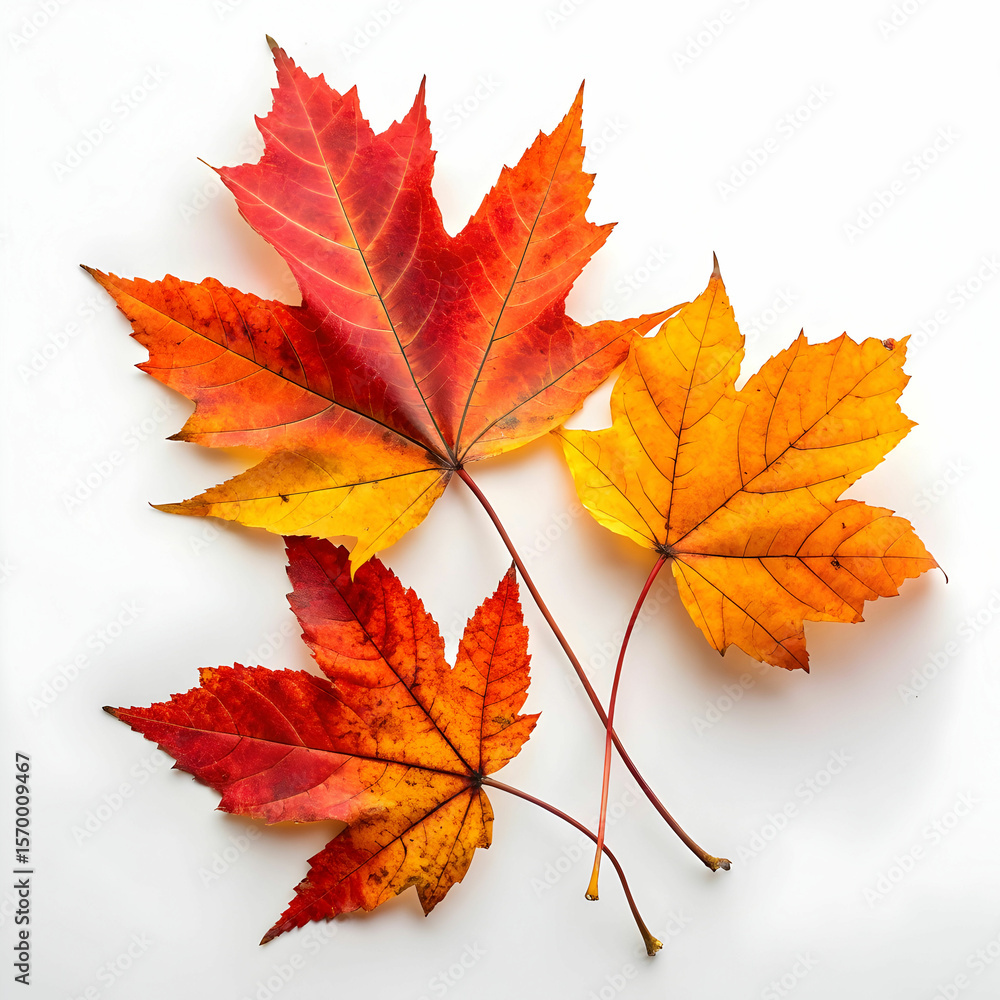 Fototapeta premium A collection of autumn elements isolated on a white background, featuring colorful fallen leaves, acorns, and branches.