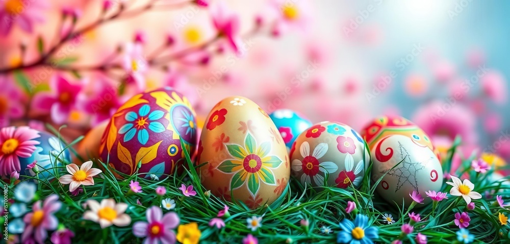 Intricate design of colorful Easter eggs on a beautiful background, nature, decorated Intricate design of colorful Easter eggs on a beautiful background, nature, decorated