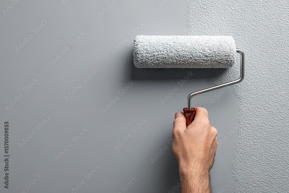 Obraz premium Hand rolls paint on wall with a roller brush in a home improvement project during daytime, showcasing the updated color transformation