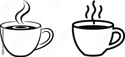 Steaming Coffee Cups Outline, Warm Beverage Illustrations for Cafe and Morning