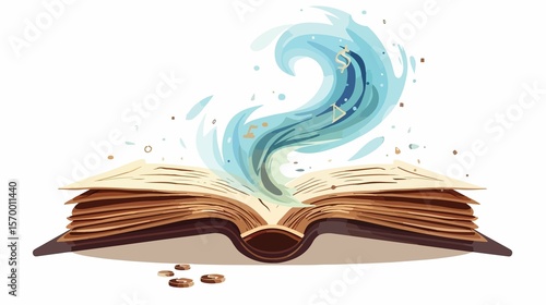 Discover enchanting stories with an open book emitting a swirl of vibrant blue energy and symbols, creating an imaginative concept.