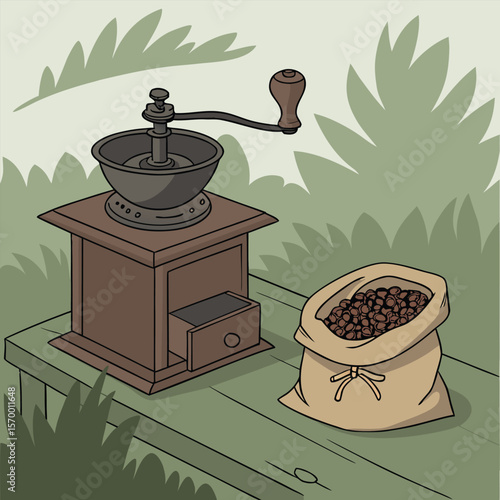 Coffee Grinder and Bag of Beans on Wooden Table manual