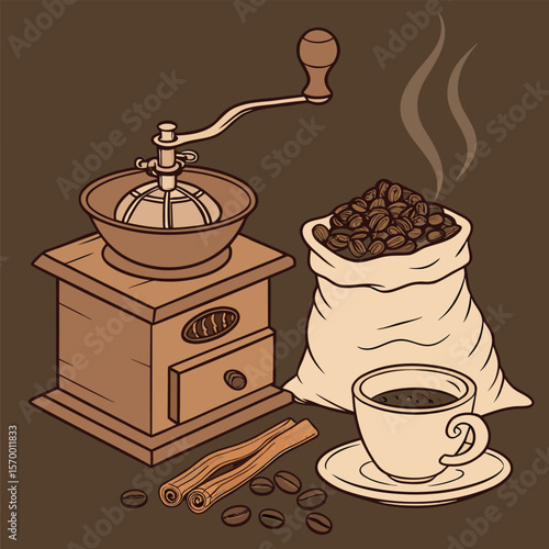 Coffee Grinder Bag of Beans Cup Cinnamon Sticks Illustration