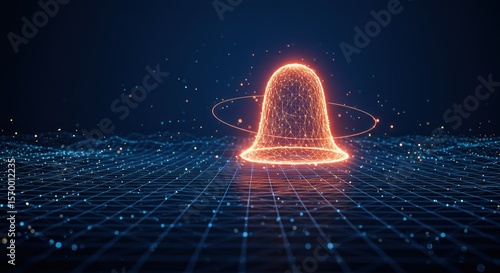 Glowing digital bell shape in futuristic, abstract, and technological environment.