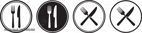 Simple black and white fork and knife icons in circles
