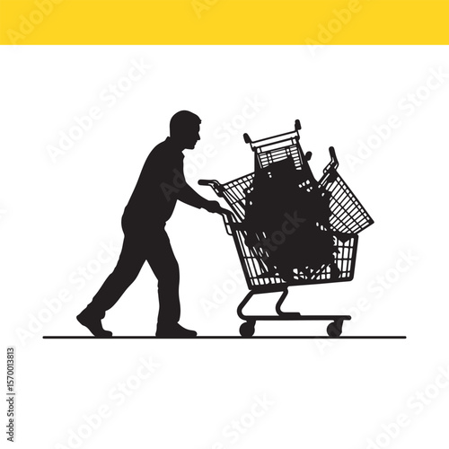 Overburdened Consumer A Silhouette Illustration of Shopping Cart Overload
