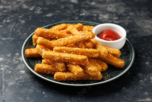 Potato rosti sticks with crispy coating in a plate