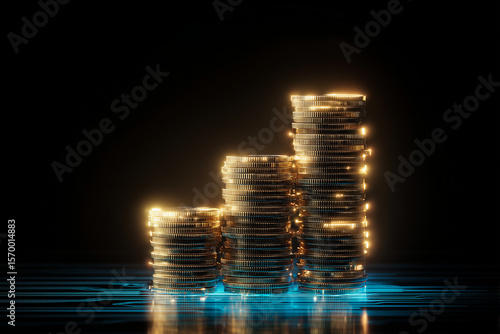 Stack of glowing golden coins on a blue digital surface, representing financial growth, cryptocurrency, and wealth accumulation in a futuristic and secure investment concept