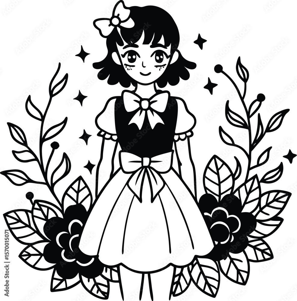 Fototapeta premium Cute Anime Girl Line Art with Floral Frame – Black and White Coloring Page