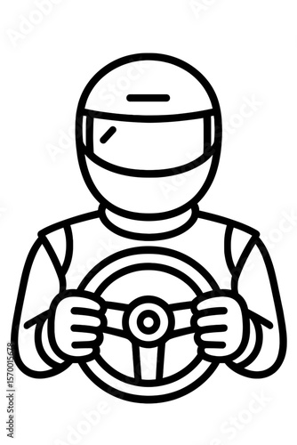 Racing driver holding steering wheel in simple line art style  