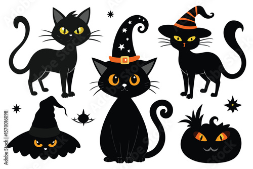 Halloween black cats and witch hats orange yellow eyes