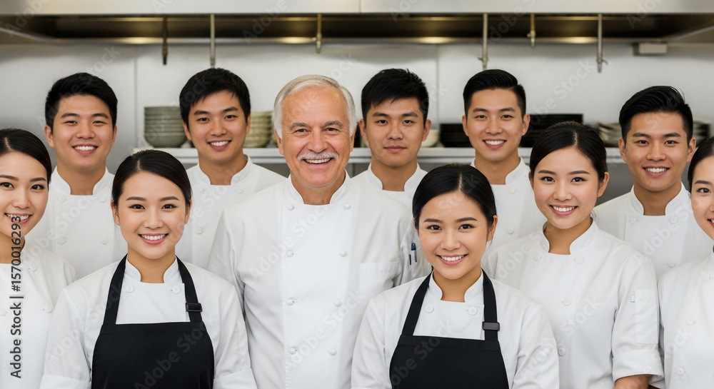 Fototapeta premium Restaurant team portrait of chefs and staff smiling in professional kitchen