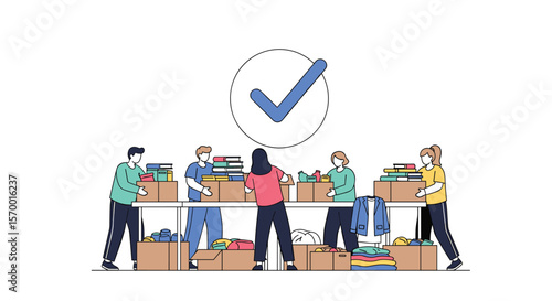 Team of volunteers sorting and packing donations in a community center with a checkmark symbolizing successful completion