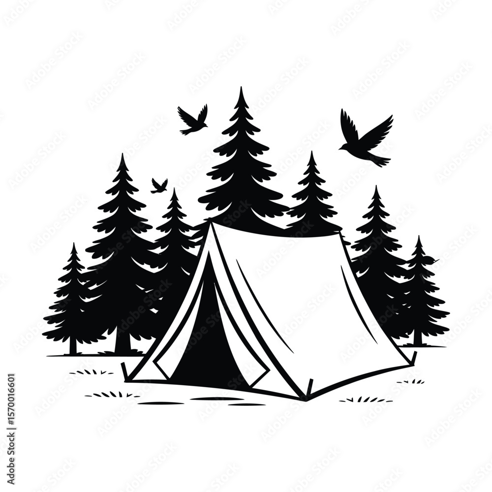 Obraz premium Minimalist Black and White Camping Tent in Forest with Birds, Outdoor Adventure