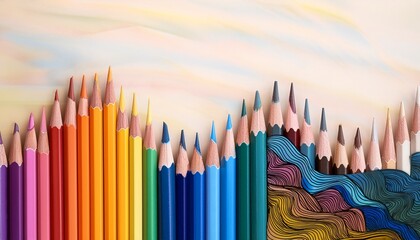 colorful pencils forming a creative border with abstract wave patterns