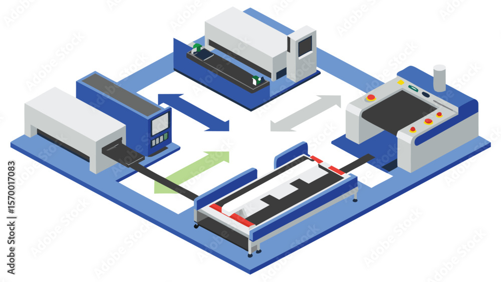 Isometric illustration of an automated manufacturing process with conveyor belts and machinery Isometric illustration of an automated manufacturing process with conveyor belts and machinery