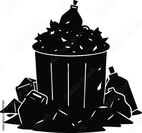 Overflowing Waste: A stark black and white depiction of an overflowing trash can surrounded by discarded garbage bags and debris, highlighting the environmental consequences of excessive waste.