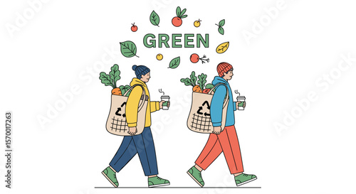 Two people carrying reusable grocery bags filled with fresh produce and drinks walking in unison towards a healthier lifestyle