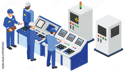 Isometric view of workers in blue uniforms operating control panels in a factory setting shown here