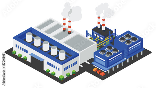 Isometric illustration of a factory with chimneys emitting smoke and industrial buildings present