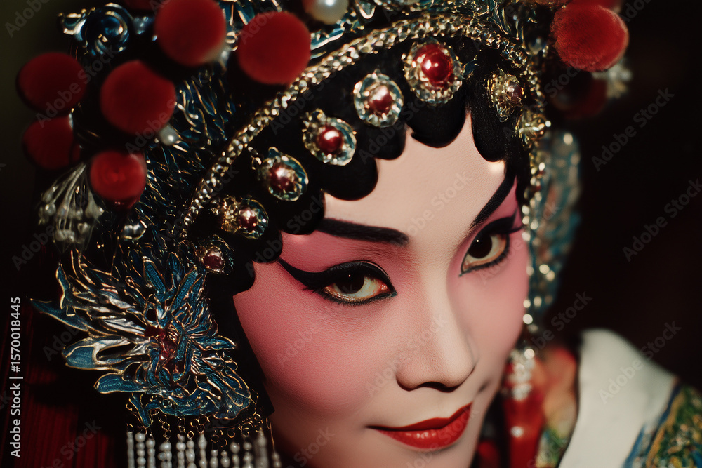 Close up of a beautiful actress in full face paint and costume with headdress in a Chinese opera performance. Close up of a beautiful actress in full face paint and costume with headdress in a Chinese opera performance.