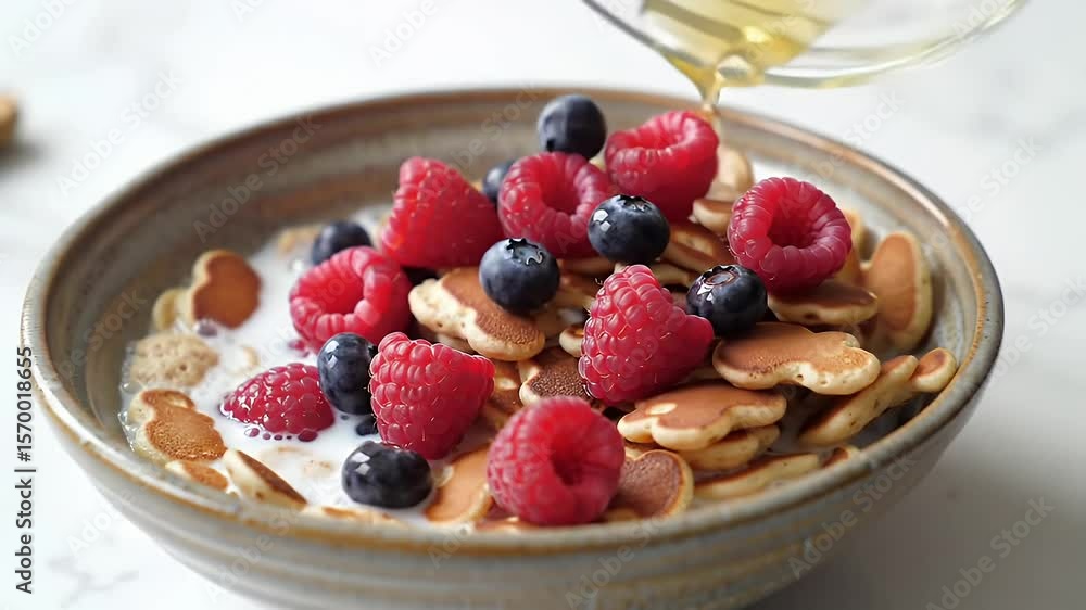 Honey drizzled over mini pancakes, raspberries, and blueberries in a bowl of creamy milk. Honey drizzled over mini pancakes, raspberries, and blueberries in a bowl of creamy milk.