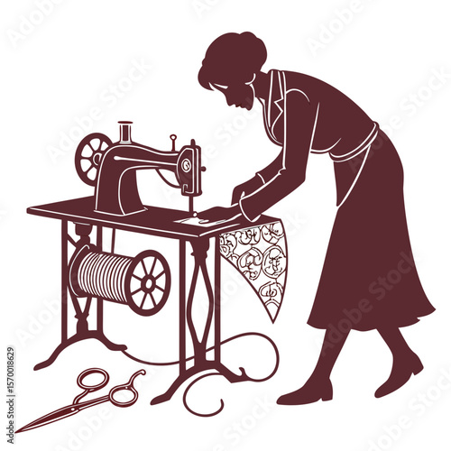 old sewing machine shilhoutte on white background 