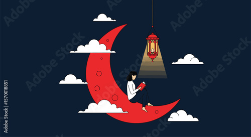 A person reading a book while sitting on a crescent moon under a lamp amidst clouds during night time