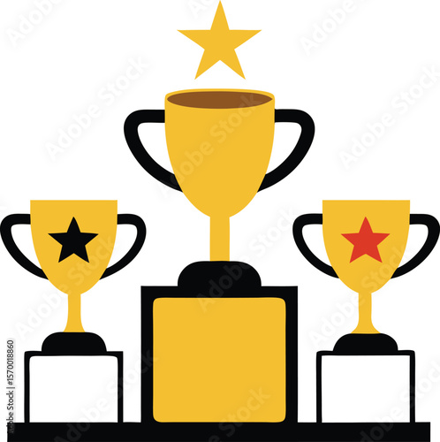 Golden Trio of Achievement: A dynamic visual capturing the essence of triumph and excellence. Three gleaming golden trophies stand in proud display, ready to honor those who strive for greatness.