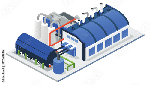 Isometric view of a factory with blue roof, tanks, and pipes on a white platform perfectly rendered
