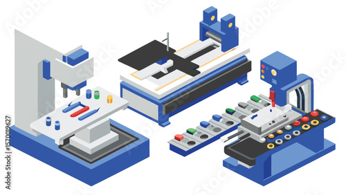 Isometric view of three distinct automated machines with various components and control panels shown