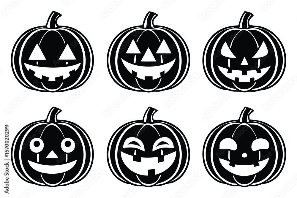 Six black silhouette jack o lantern designs halloween pumpkins