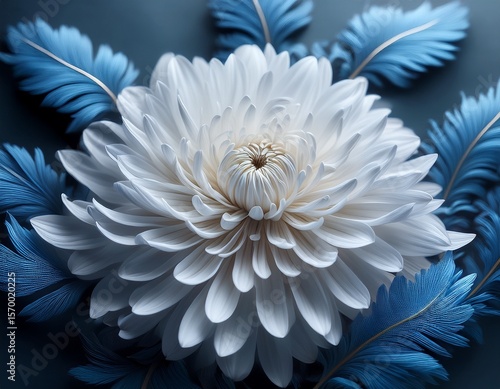 Wallpaper Mural elegant white chrysanthemum flower with long intricate petals and artistic blue leaves Torontodigital.ca