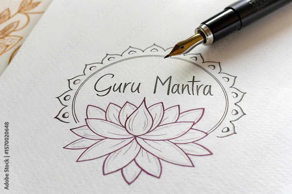 Fototapeta premium Fountain pen writing guru mantra with lotus design isolated on white background
