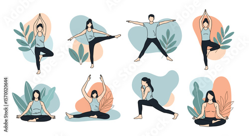 Eight distinct yoga poses performed by women demonstrating various fitness routines and healthy lifestyles