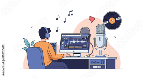 Musician working on audio editing software with headphones and microphone recording music and sound effects for a podcast or song project