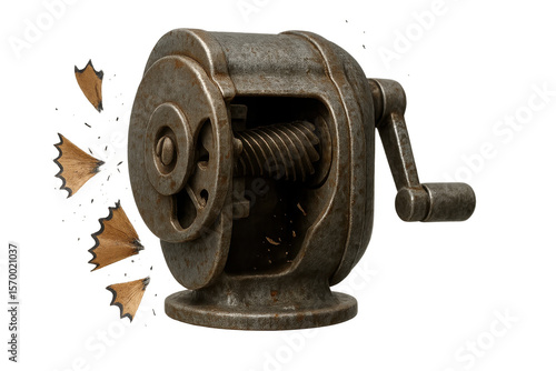 Vintage desk pencil sharpener with shavings, isolated on transparent background