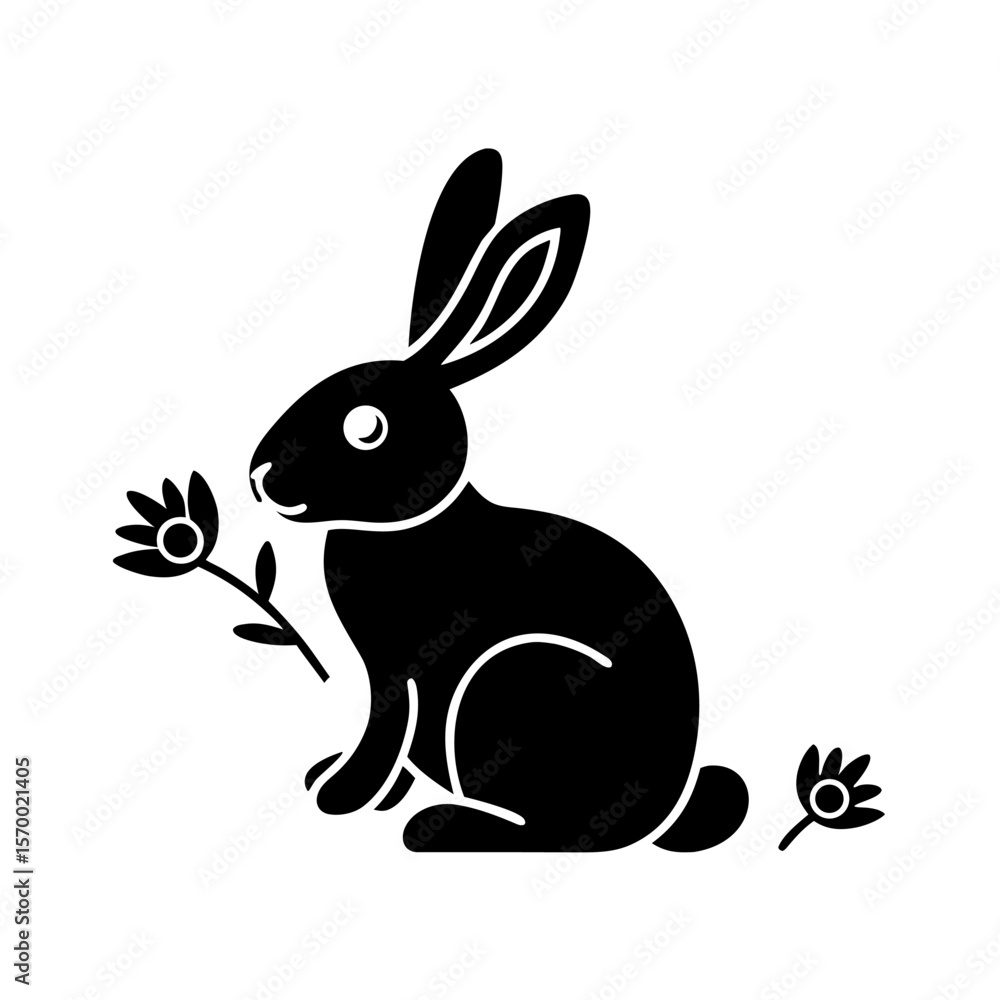 Fototapeta premium Cute Black Silhouette Rabbit with Flowers
