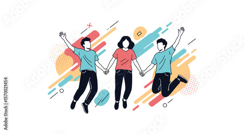Joyful friends holding hands and jumping together celebrating togetherness and positive energy