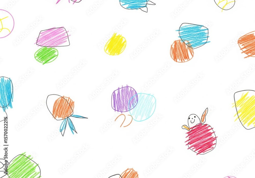 Fototapeta premium Joyful Colorful Doodle Background. A seamless backdrop showcasing bright, whimsical hand-drawn forms and figures, symbolizing innocent creativity and pure happiness.