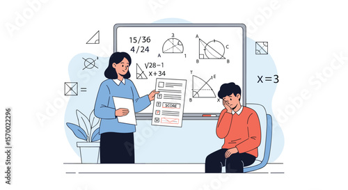 A teacher explains a difficult math problem to a struggling student in a classroom setting with a whiteboard filled with equations