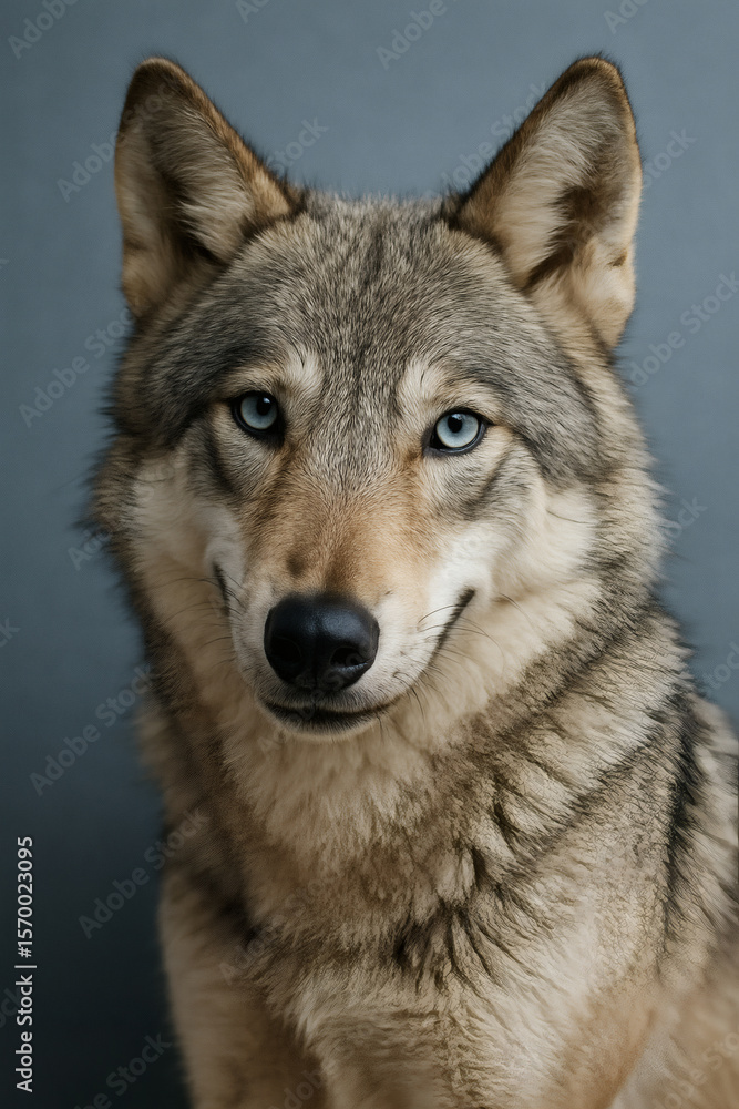 Fototapeta premium A striking close-up of a majestic wolf with captivating blue eyes, set against a neutral background, highlighting its intense gaze.