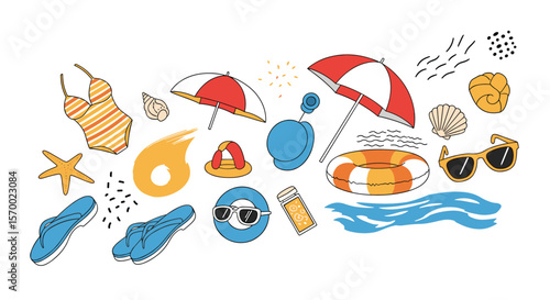 A vibrant collection of summer beach essentials including umbrellas sunglasses and seashells under the sun