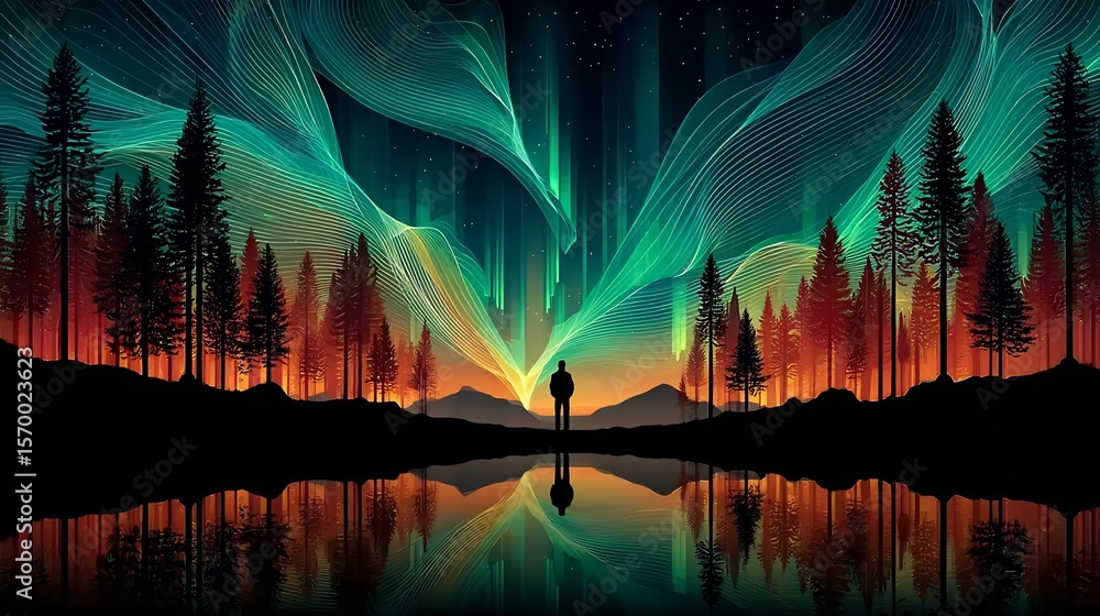 Fototapeta premium Aurora borealis landscape with silhouette of man and forest reflected in water art wallpaper 4k winter landscape