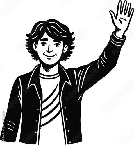 Young Man Waving Hello: A friendly young man with shoulder-length hair waves hello, conveying a sense of welcome and approachability.  The illustration is done in a bold black and white style.