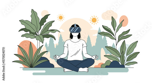 Person meditating in nature wearing a virtual reality headset experiencing digital mindfulness and digital wellness in an outdoor setting