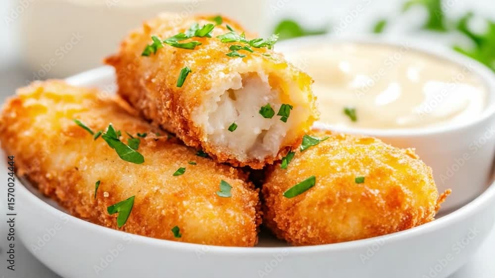 Golden Fried Delight: A close-up shot reveals the deliciousness of golden-fried fish sticks, accompanied by a creamy dipping sauce, a treat that embodies the pleasure of good food Golden Fried Delight: A close-up shot reveals the deliciousness of golden-fried fish sticks, accompanied by a creamy dipping sauce, a treat that embodies the pleasure of good food