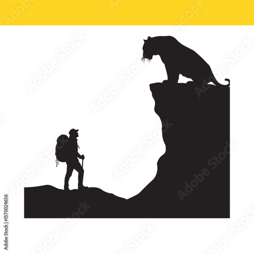 Silhouette of a Hiker and a Tiger on a Cliff A Contemplative Encounter
